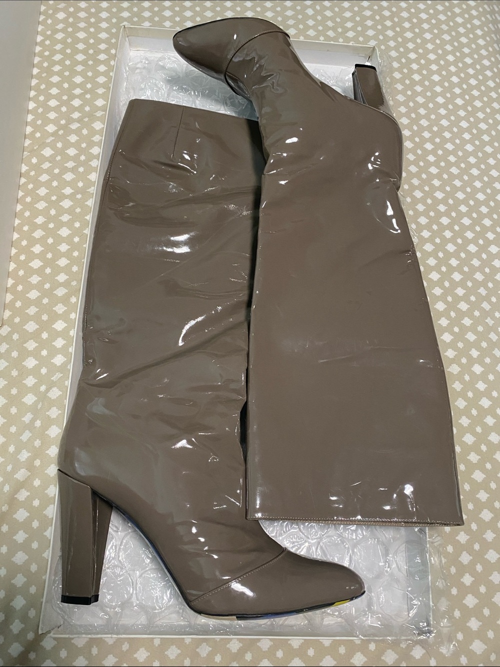 EMILIO PUCCI Tall Patent LEATHER Knee-High Block Heel Boots in Taupe COLOR! 🥰